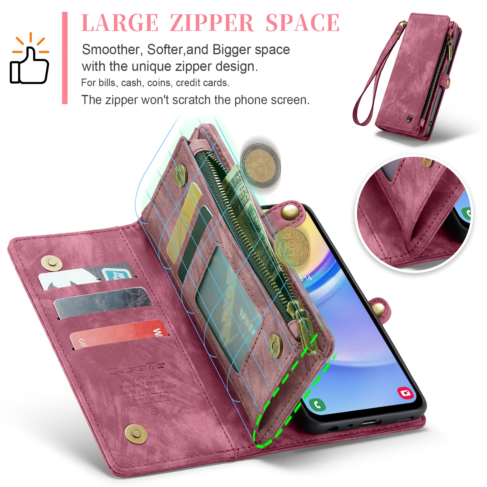 For Samsung Galaxy A16 5G / A16 4G Case CASEME 008 Series Detachable Leather Zipper Wallet Phone Cover - Red For Samsung Galaxy A16 5G / A16 4G Case CASEME 008 Series Detachable Leather Zipper Wallet Phone Cover - Red